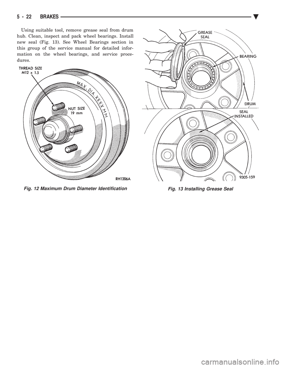 CHEVROLET DYNASTY 1993  Service Manual Using suitable tool, remove grease seal from drum 
hub. Clean, inspect and pack wheel bearings. Install
new seal (Fig. 13). See Wheel Bearings section in
this group of the service manual for detailed 
