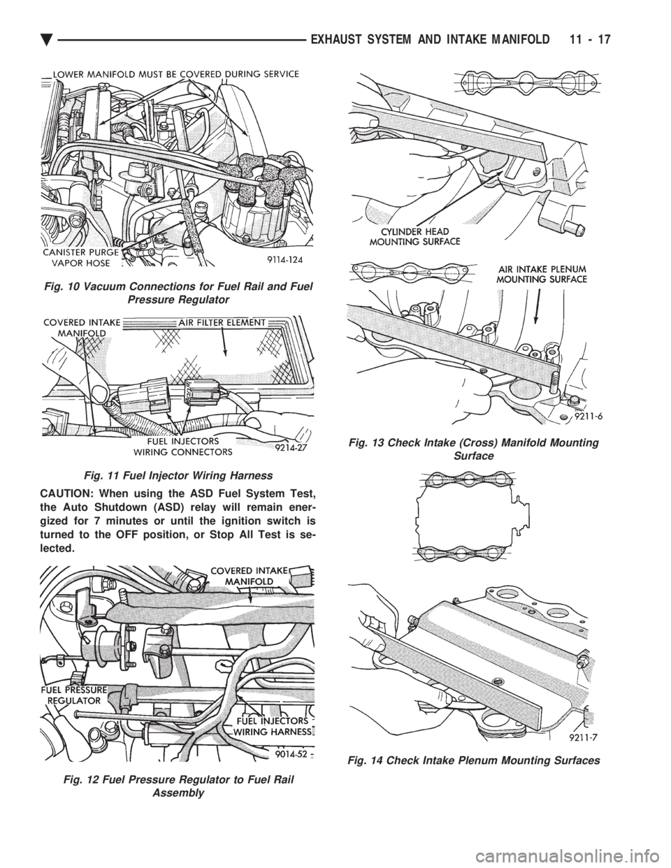 CHEVROLET DYNASTY 1993  Service Manual CAUTION: When using the ASD Fuel System Test, 
the Auto Shutdown (ASD) relay will remain ener-
gized for 7 minutes or until the ignition switch is
turned to the OFF position, or Stop All Test is se-
l