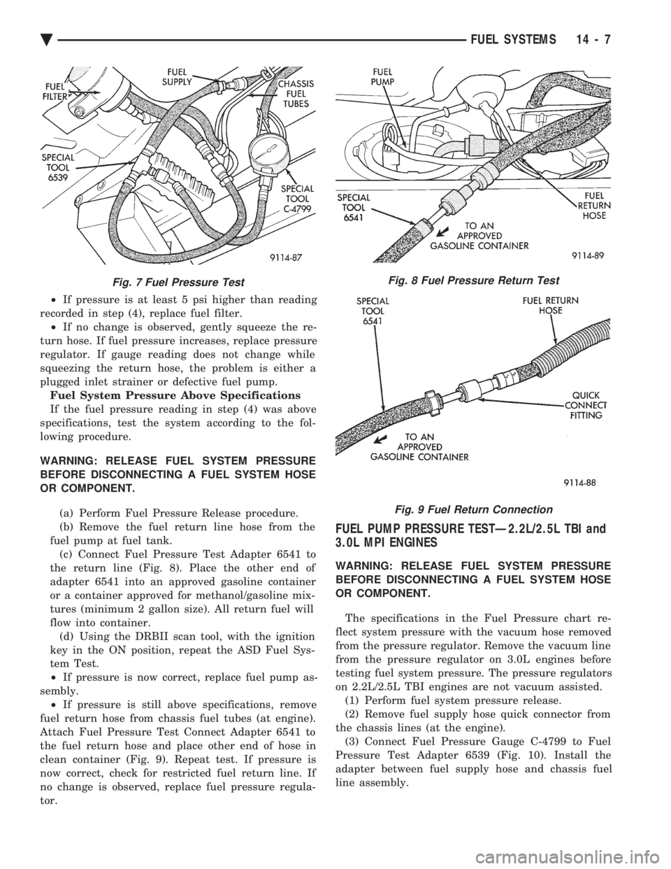 CHEVROLET DYNASTY 1993 Service Manual ² If pressure is at least 5 psi higher than reading
recorded in step (4), replace fuel filter. ² If no change is observed, gently squeeze the re-
turn hose. If fuel pressure increases, replace pr CHEVROLET DYNASTY 1993 Service Manual ² If pressure is at least 5 psi higher than reading
recorded in step (4), replace fuel filter. ² If no change is observed, gently squeeze the re-
turn hose. If fuel pressure increases, replace pr