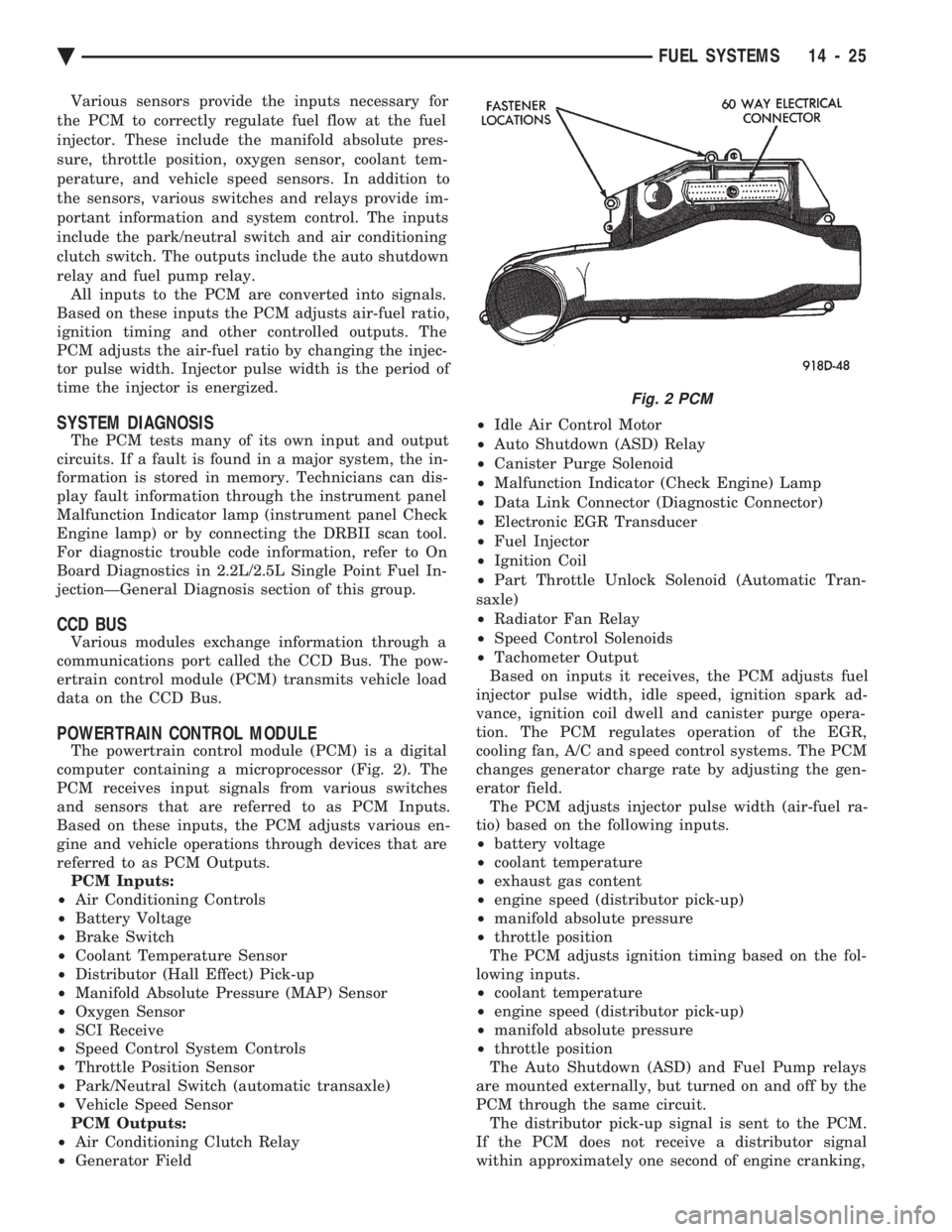 CHEVROLET DYNASTY 1993  Service Manual Various sensors provide the inputs necessary for 
the PCM to correctly regulate fuel flow at the fuel
injector. These include the manifold absolute pres-
sure, throttle position, oxygen sensor, coolan