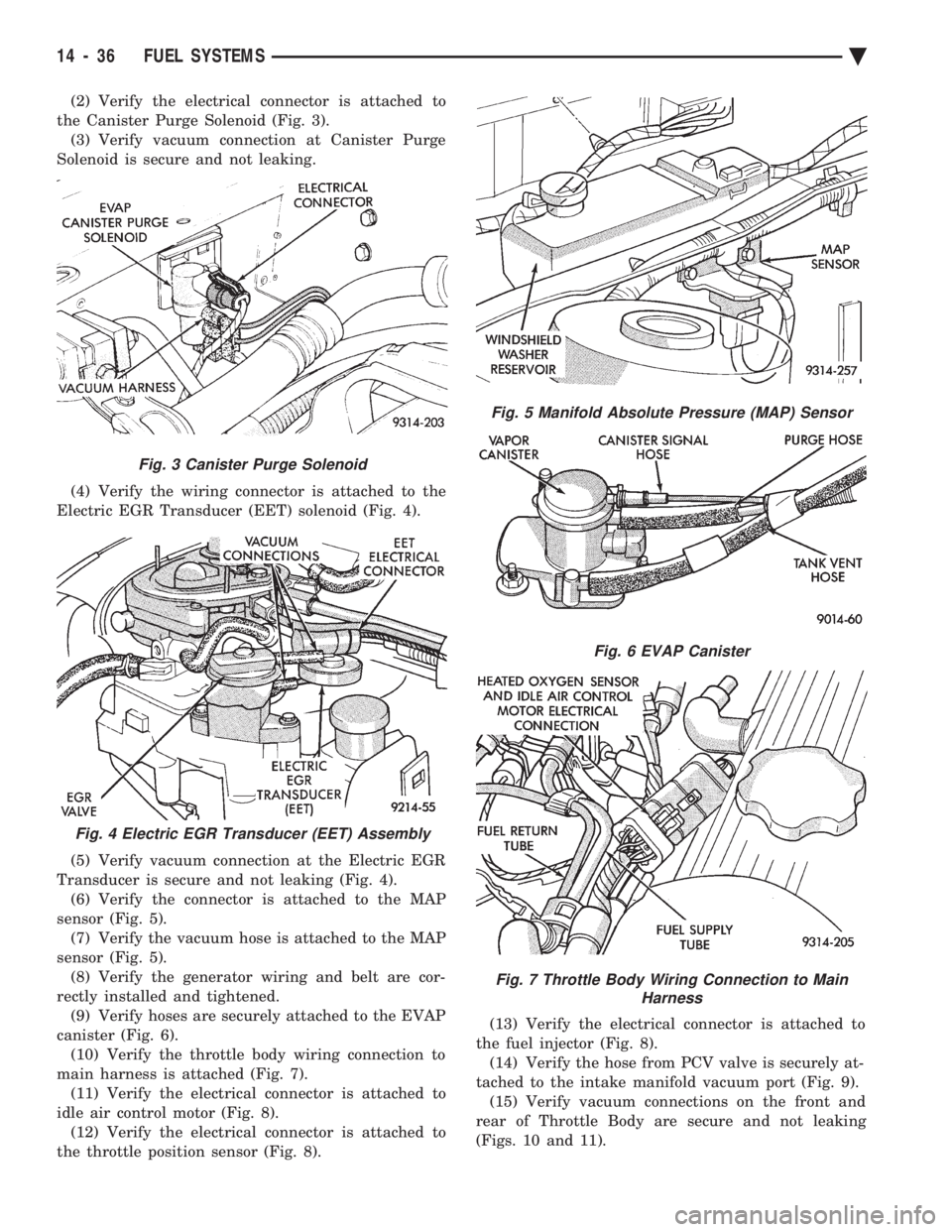 CHEVROLET DYNASTY 1993  Service Manual (2) Verify the electrical connector is attached to 
the Canister Purge Solenoid (Fig. 3). (3) Verify vacuum connection at Canister Purge
Solenoid is secure and not leaking. 
(4) Verify the wiring conn