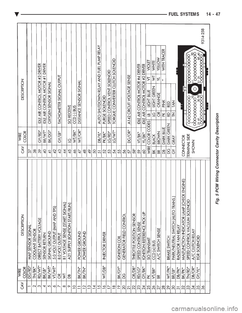 CHEVROLET DYNASTY 1993  Service Manual Fig. 5 PCM Wiring Connector Cavity Description
Ä FUEL SYSTEMS 14 - 47 