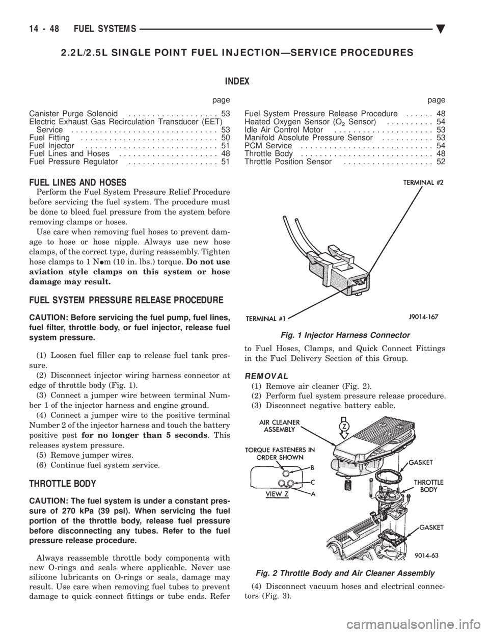 CHEVROLET DYNASTY 1993  Service Manual 2.2L/2.5L SINGLE POINT FUEL INJECTIONÐSERVICE PROCEDURES INDEX
page page 
Canister Purge Solenoid  ................... 53 
Electric Exhaust Gas Recirculation Transducer (EET) Service  ...............