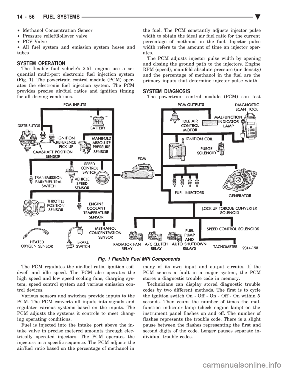 CHEVROLET DYNASTY 1993  Service Manual ² Methanol Concentration Sensor 
²  Pressure relief/Rollover valve 
²  PCV Valve 
²  All fuel system and emission system hoses and 
tubes
SYSTEM OPERATION
The flexible fuel vehicles 2.5L engine u