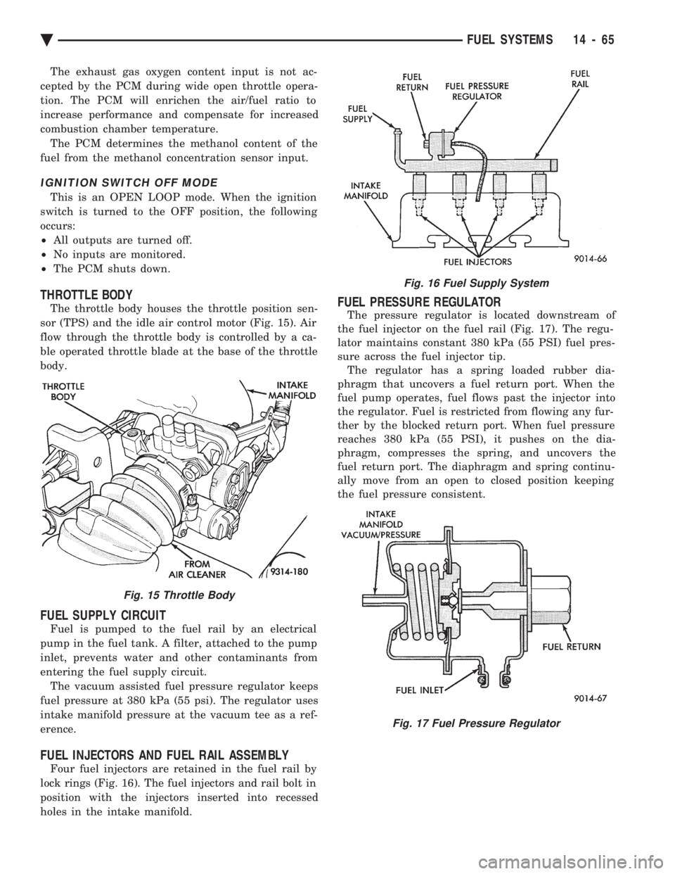 CHEVROLET DYNASTY 1993  Service Manual The exhaust gas oxygen content input is not ac- 
cepted by the PCM during wide open throttle opera-
tion. The PCM will enrichen the air/fuel ratio to
increase performance and compensate for increased
