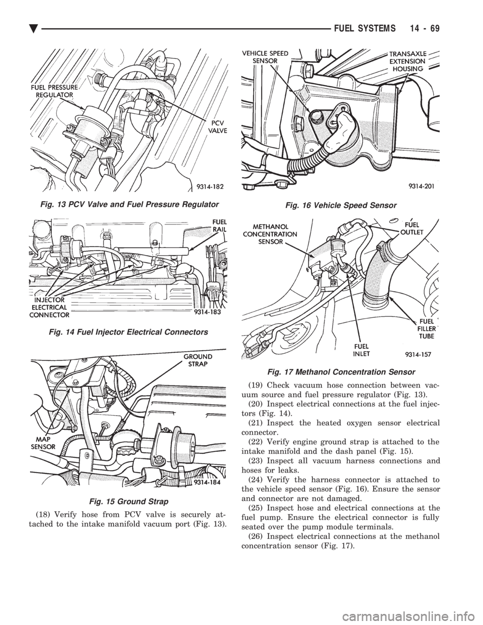 CHEVROLET DYNASTY 1993  Service Manual (18) Verify hose from PCV valve is securely at- 
tached to the intake manifold vacuum port (Fig. 13).  (19) Check vacuum hose connection between vac- 
uum source and fuel pressure regulator (Fig. 13).