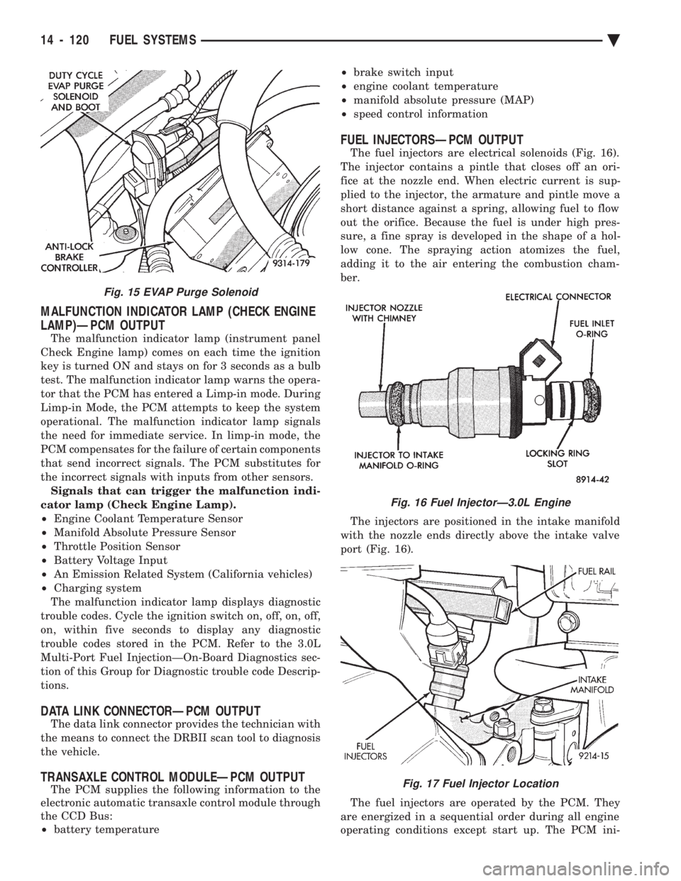 CHEVROLET DYNASTY 1993  Service Manual MALFUNCTION INDICATOR LAMP (CHECK ENGINE 
LAMP)ÐPCM OUTPUT
The malfunction indicator lamp (instrument panel 
Check Engine lamp) comes on each time the ignition
key is turned ON and stays on for 3 sec