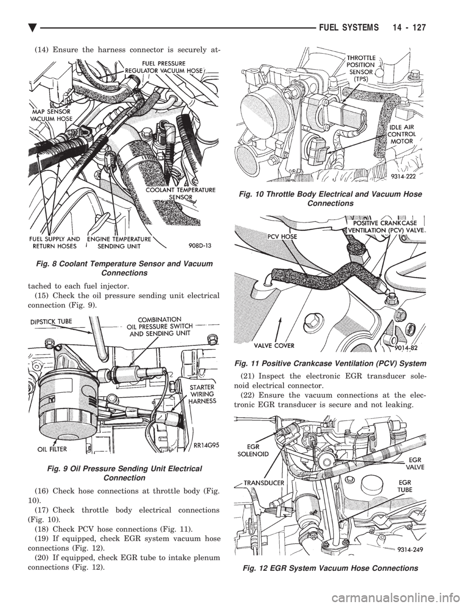 CHEVROLET DYNASTY 1993  Service Manual (14) Ensure the harness connector is securely at- 
tached to each fuel injector.  (15) Check the oil pressure sending unit electrical
connection (Fig. 9). 
(16) Check hose connections at throttle body