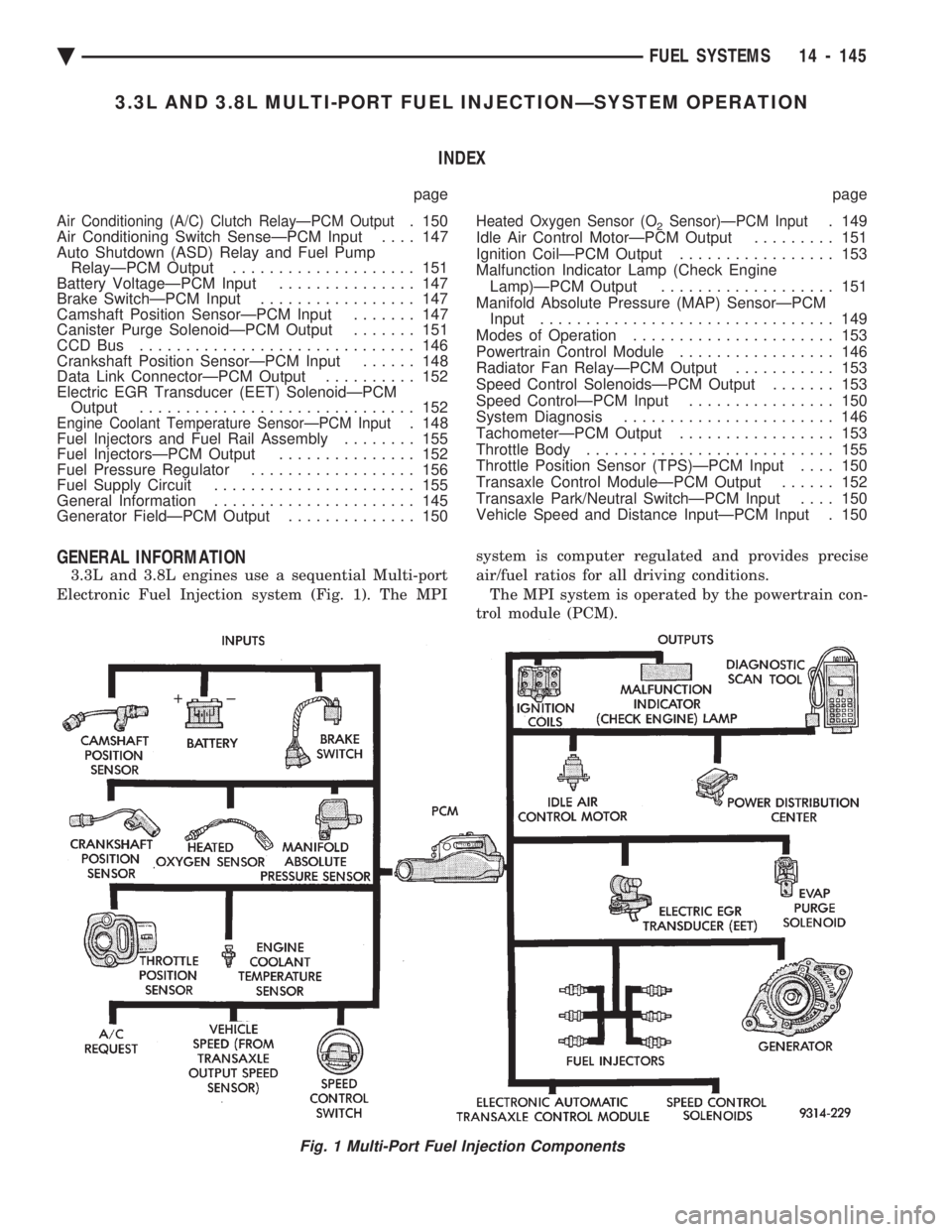 CHEVROLET DYNASTY 1993  Service Manual 3.3L AND 3.8L MULTI-PORT FUEL INJECTIONÐSYSTEM OPERATION INDEX
page page
Air Conditioning (A/C) Clutch RelayÐPCM Output. 150 
Air Conditioning Switch SenseÐPCM Input  .... 147 
Auto Shutdown (ASD) 