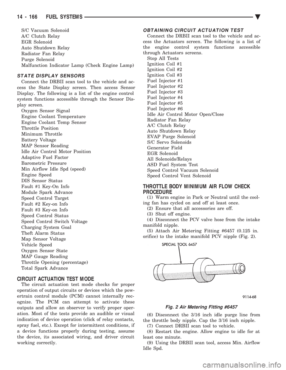 CHEVROLET DYNASTY 1993  Service Manual S/C Vacuum Solenoid 
A/C Clutch Relay
EGR Solenoid
Auto Shutdown Relay
Radiator Fan Relay
Purge Solenoid
Malfunction Indicator Lamp (Check Engine Lamp)
STATE DISPLAY SENSORS
Connect the DRBII scan too