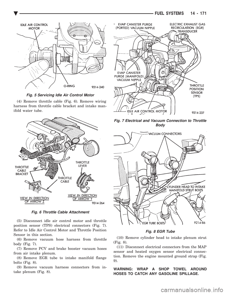 CHEVROLET DYNASTY 1993  Service Manual (4) Remove throttle cable (Fig. 6). Remove wiring 
harness from throttle cable bracket and intake man-
ifold water tube. 
(5) Disconnect idle air control motor and throttle 
position sensor (TPS) elec
