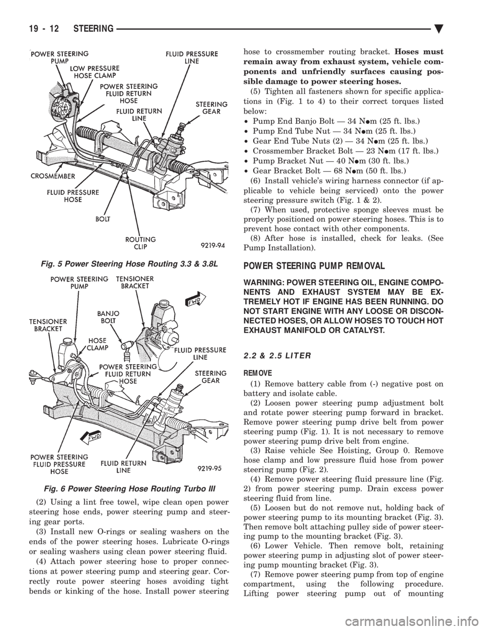 CHEVROLET DYNASTY 1993  Service Manual (2) Using a lint free towel, wipe clean open power 
steering hose ends, power steering pump and steer-
ing gear ports. (3) Install new O-rings or sealing washers on the
ends of the power steering hose