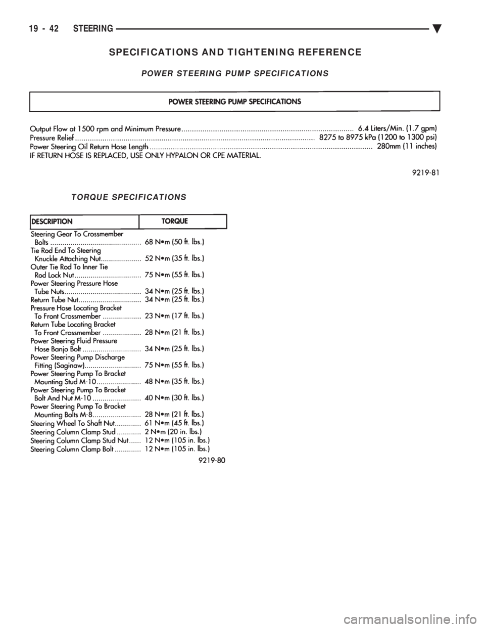 CHEVROLET DYNASTY 1993  Service Manual SPECIFICATIONS AND TIGHTENING REFERENCE
POWER STEERING PUMP SPECIFICATIONS
TORQUE SPECIFICATIONS
19 - 42 STEERING Ä 