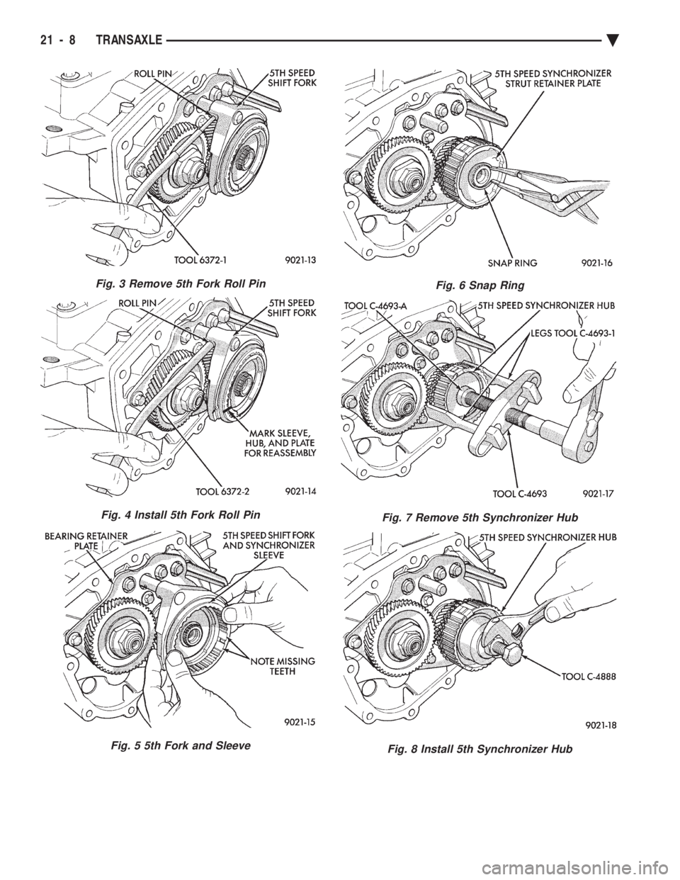 CHEVROLET DYNASTY 1993  Service Manual Fig. 3 Remove 5th Fork Roll Pin
Fig. 4 Install 5th Fork Roll Pin
Fig. 5 5th Fork and Sleeve
Fig. 6 Snap Ring
Fig. 7 Remove 5th Synchronizer Hub
Fig. 8 Install 5th Synchronizer Hub
21 - 8 TRANSAXLE Ä 