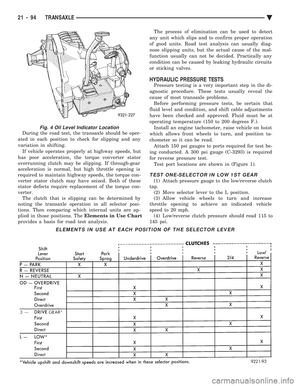 CHEVROLET DYNASTY 1993 Service Manual During the road test, the transaxle should be oper-
ated in each position to check for slipping and any
variation in shifting. If vehicle operates properly at highway speeds, but
has poor acceleratio CHEVROLET DYNASTY 1993 Service Manual During the road test, the transaxle should be oper-
ated in each position to check for slipping and any
variation in shifting. If vehicle operates properly at highway speeds, but
has poor acceleratio