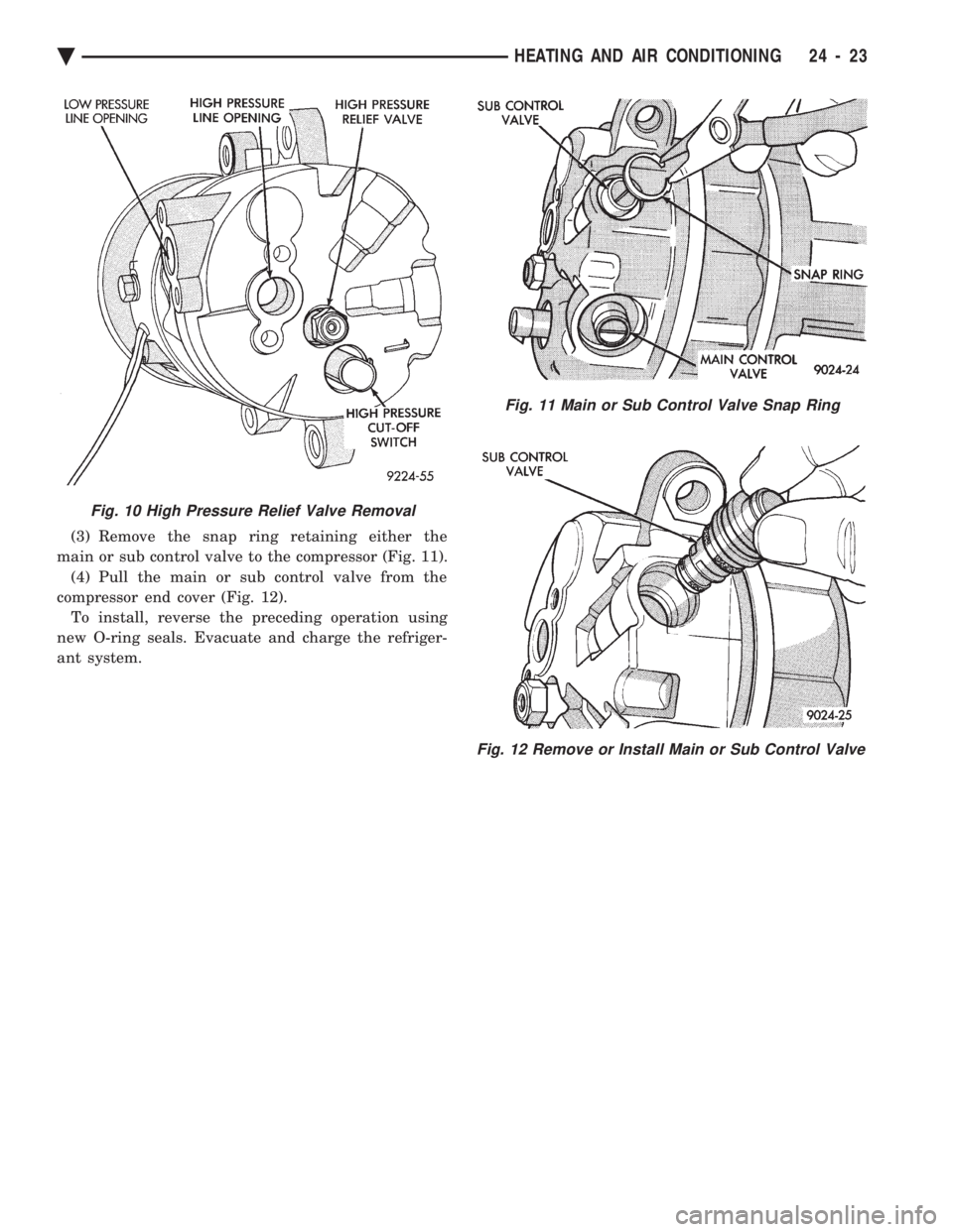 CHEVROLET DYNASTY 1993  Service Manual (3) Remove the snap ring retaining either the 
main or sub control valve to the compressor (Fig. 11). (4) Pull the main or sub control valve from the
compressor end cover (Fig. 12). To install, revers