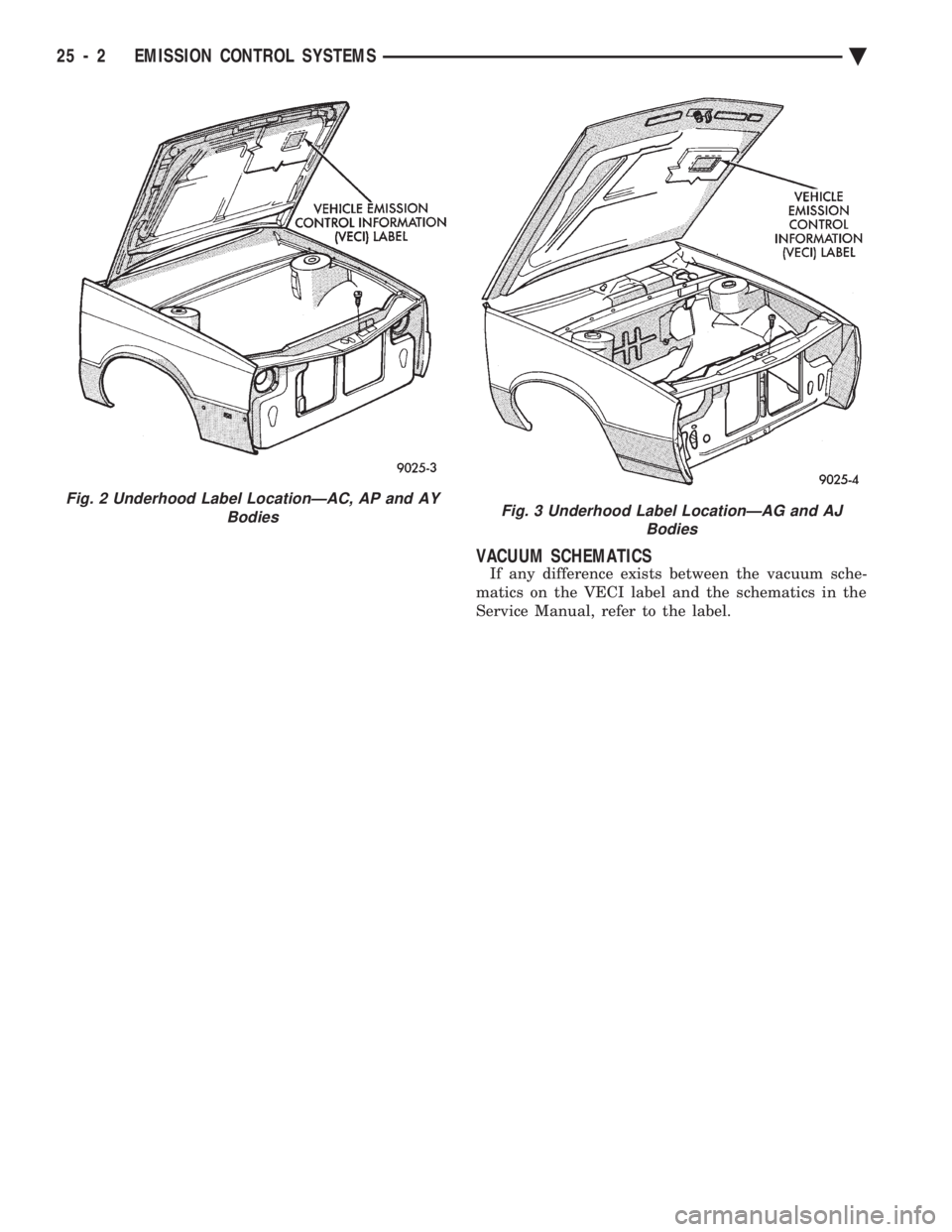 CHEVROLET DYNASTY 1993  Service Manual VACUUM SCHEMATICS
If any difference exists between the vacuum sche- 
matics on the VECI label and the schematics in the
Service Manual, refer to the label.
Fig. 2 Underhood Label LocationÐAC, AP and 
