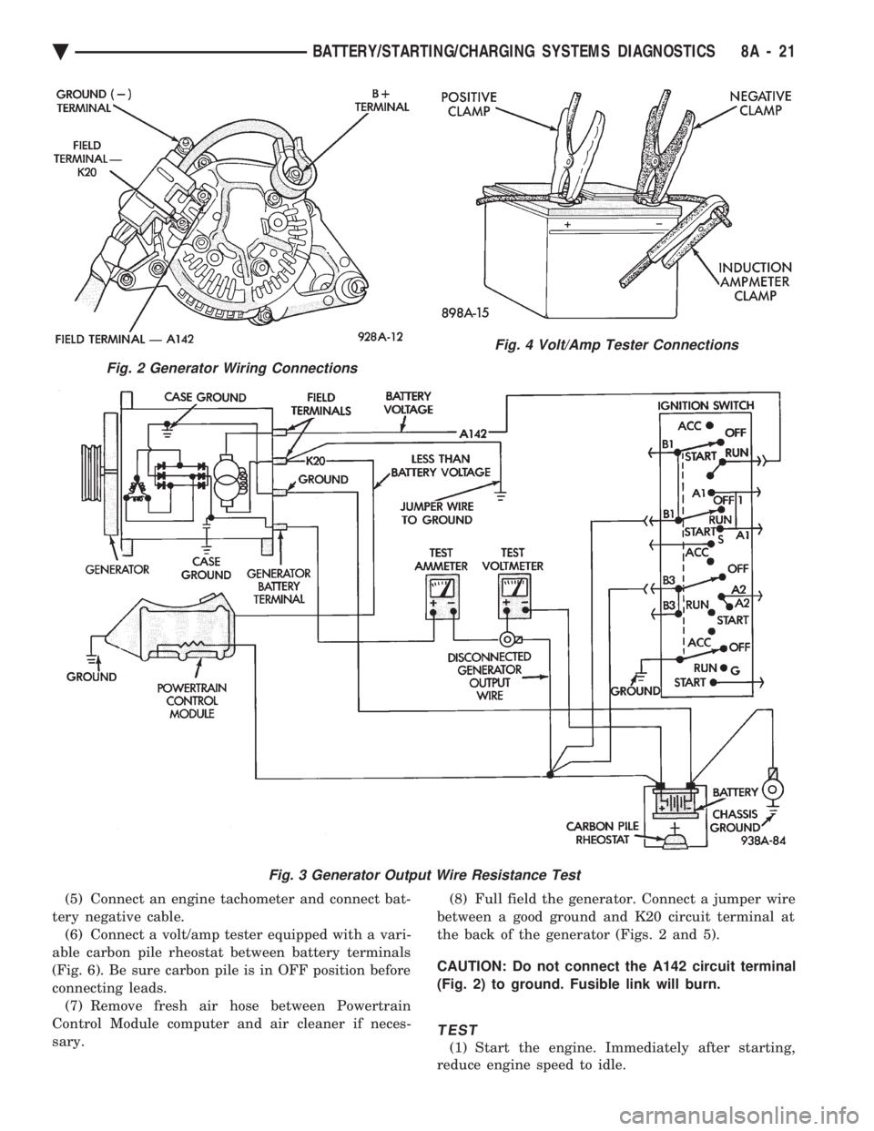 CHEVROLET DYNASTY 1993  Service Manual (5) Connect an engine tachometer and connect bat- 
tery negative cable. (6) Connect a volt/amp tester equipped with a vari-
able carbon pile rheostat between battery terminals
(Fig. 6). Be sure carbon