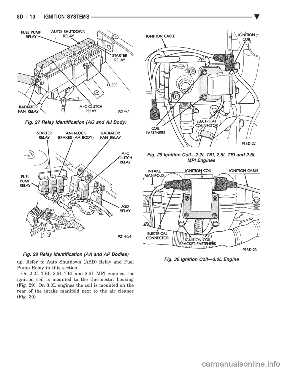 CHEVROLET DYNASTY 1993  Service Manual up. Refer to Auto Shutdown (ASD) Relay and Fuel 
Pump Relay in this section.On 2.2L TBI, 2.5L TBI and 2.5L MPI engines, the
ignition coil is mounted to the thermostat housing
(Fig. 29). On 3.0L engine