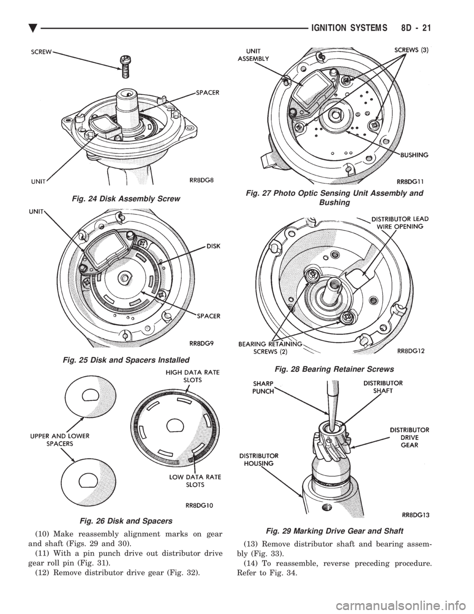 CHEVROLET DYNASTY 1993  Service Manual (10) Make reassembly alignment marks on gear 
and shaft (Figs. 29 and 30). (11) With a pin punch drive out distributor drive
gear roll pin (Fig. 31). (12) Remove distributor drive gear (Fig. 32).  (13