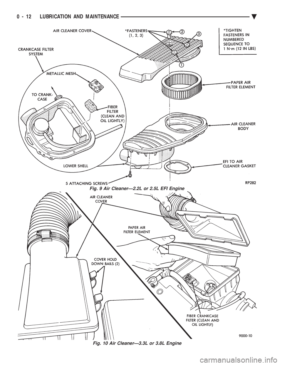 CHEVROLET DYNASTY 1993  Service Manual Fig. 9 Air CleanerÐ2.2L or 2.5L EFI Engine
Fig. 10 Air CleanerÐ3.3L or 3.8L Engine
0 - 12 LUBRICATION AND MAINTENANCE Ä 