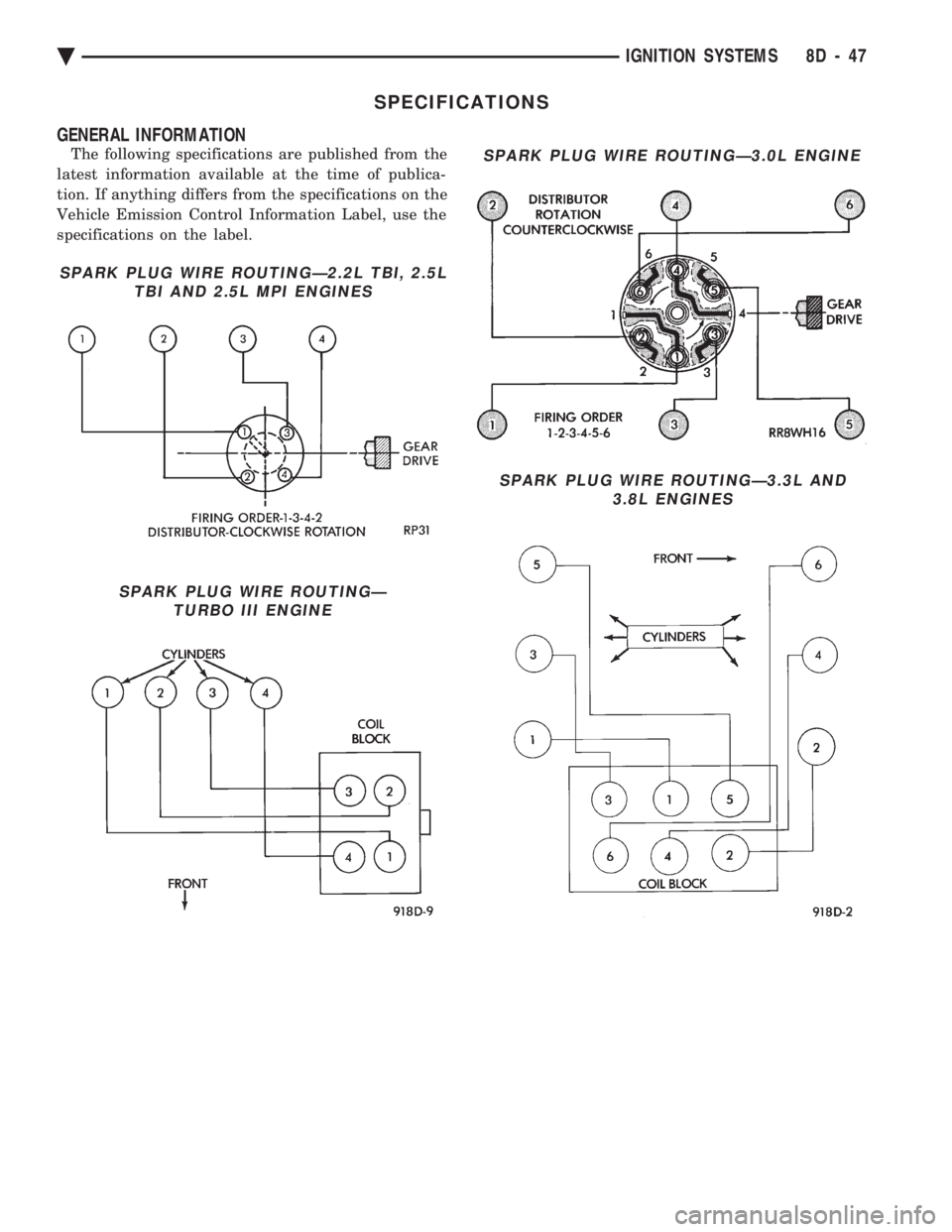 CHEVROLET DYNASTY 1993  Service Manual SPECIFICATIONS 
GENERAL INFORMATION
The following specifications are published from the 
latest information available at the time of publica-
tion. If anything differs from the specifications on the
V