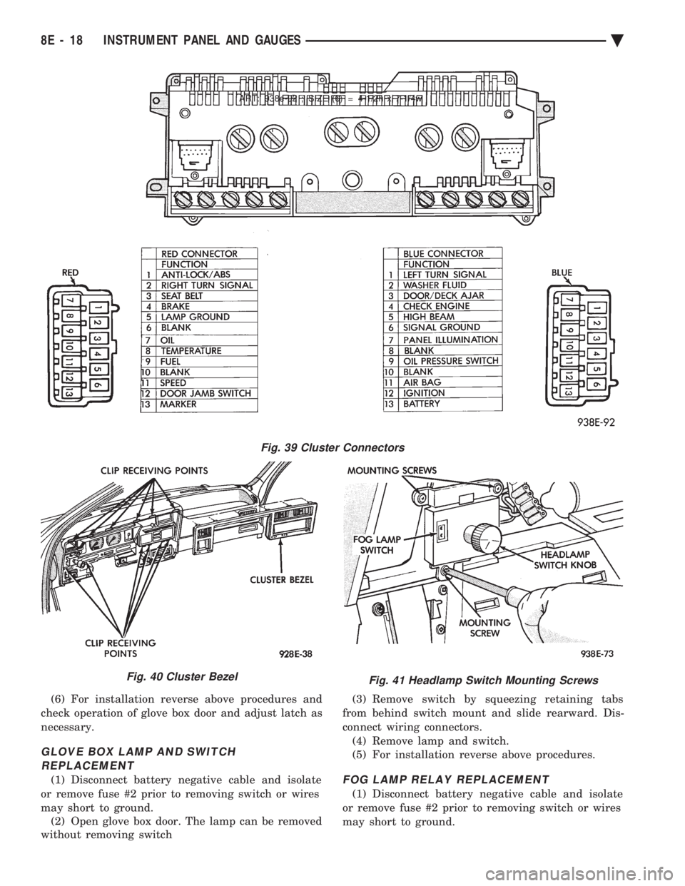 CHEVROLET DYNASTY 1993  Service Manual (6) For installation reverse above procedures and 
check operation of glove box door and adjust latch as
necessary.
GLOVE BOX LAMP AND SWITCH REPLACEMENT
(1) Disconnect battery negative cable and isol