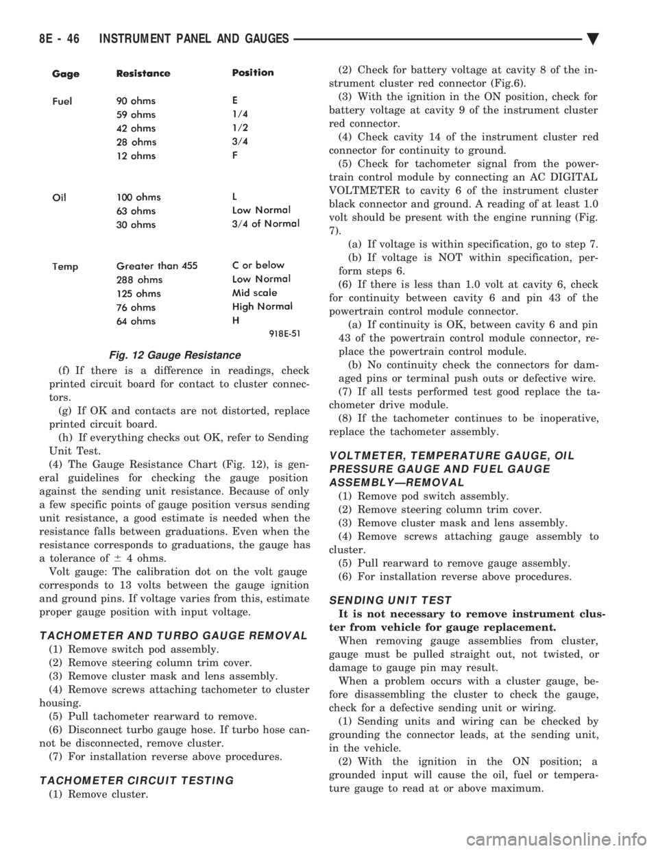 CHEVROLET DYNASTY 1993 Service Manual (f) If there is a difference in readings, check
printed circuit board for contact to cluster connec-
tors. (g) If OK and contacts are not distorted, replace
printed circuit board. (h) If everything c CHEVROLET DYNASTY 1993 Service Manual (f) If there is a difference in readings, check
printed circuit board for contact to cluster connec-
tors. (g) If OK and contacts are not distorted, replace
printed circuit board. (h) If everything c