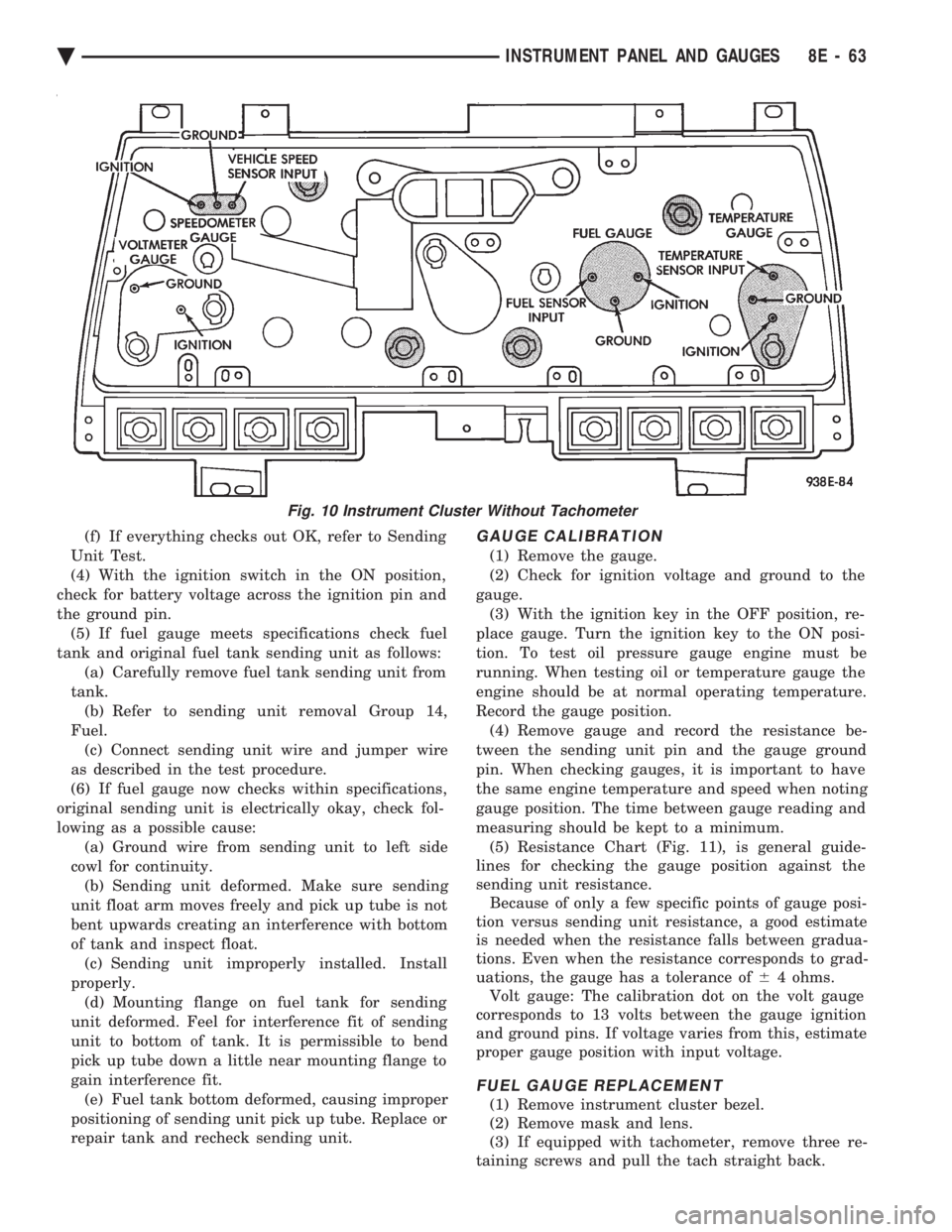 CHEVROLET DYNASTY 1993 Service Manual (f) If everything checks out OK, refer to Sending
Unit Test.
(4) With the ignition switch in the ON position,
check for battery voltage across the ignition pin and
the ground pin. (5) If fuel gauge m CHEVROLET DYNASTY 1993 Service Manual (f) If everything checks out OK, refer to Sending
Unit Test.
(4) With the ignition switch in the ON position,
check for battery voltage across the ignition pin and
the ground pin. (5) If fuel gauge m