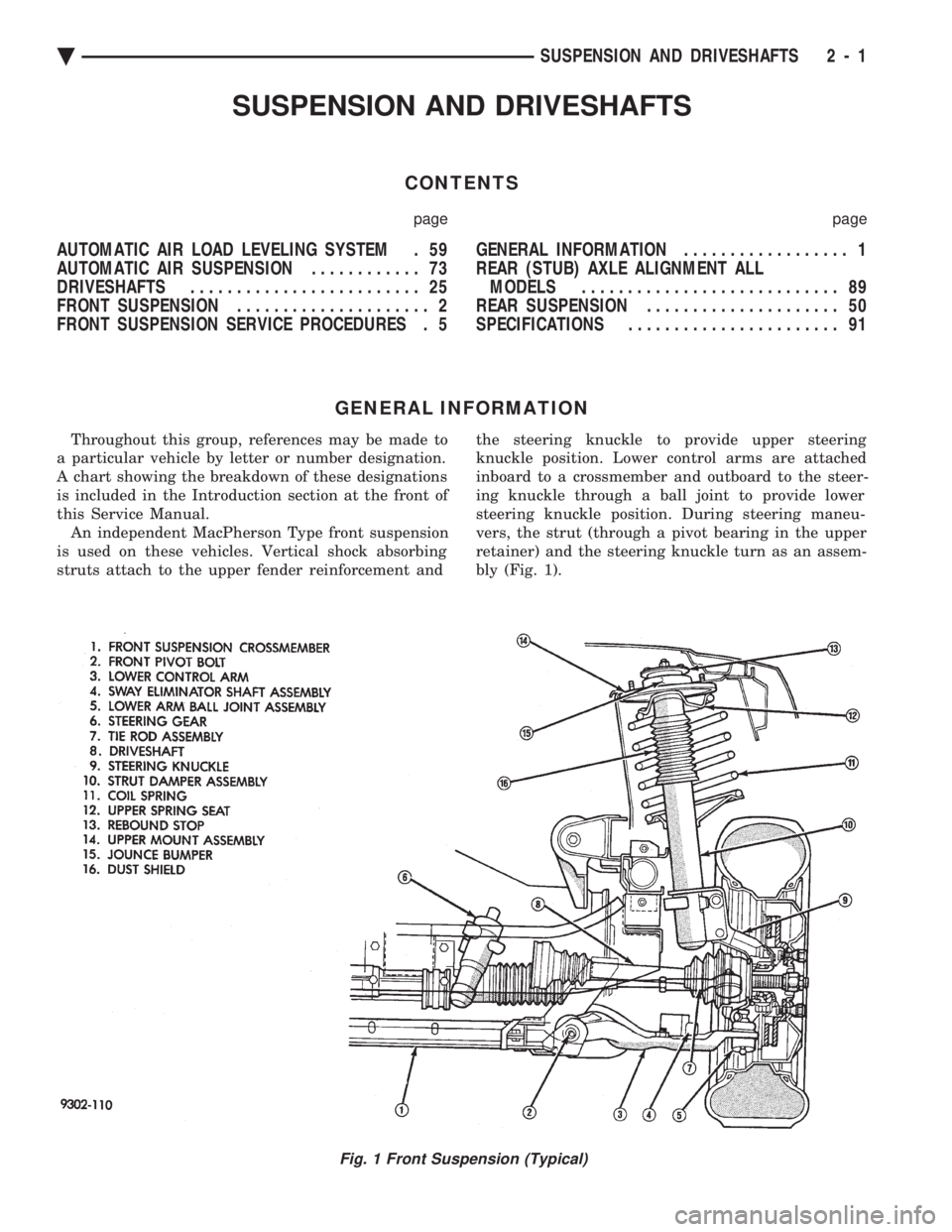 CHEVROLET DYNASTY 1993  Service Manual SUSPENSION AND DRIVESHAFTS
CONTENTS
page page
AUTOMATIC AIR LOAD LEVELING SYSTEM . 59 
AUTOMATIC AIR SUSPENSION ............ 73 
DRIVESHAFTS  ......................... 25 
FRONT SUSPENSION  ..........