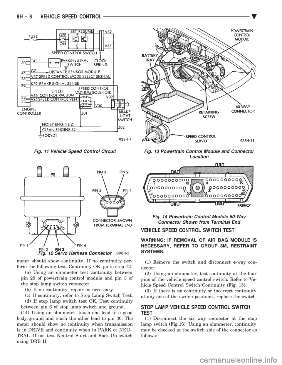 CHEVROLET DYNASTY 1993 Service Manual meter should show continuity. If no continuity per-
form the following test. Continuity OK, go to step 12.(a) Using an ohmmeter test continuity between
pin 29 of powertrain control module and pin 3 o CHEVROLET DYNASTY 1993 Service Manual meter should show continuity. If no continuity per-
form the following test. Continuity OK, go to step 12.(a) Using an ohmmeter test continuity between
pin 29 of powertrain control module and pin 3 o