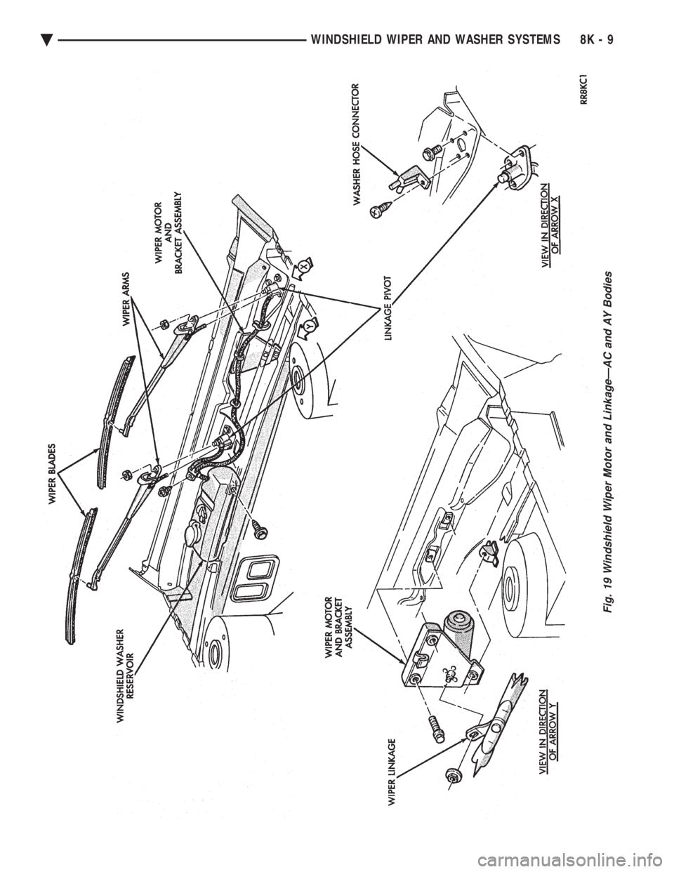 CHEVROLET DYNASTY 1993  Service Manual Fig. 19 Windshield Wiper Motor and LinkageÐAC and AY Bodies
Ä WINDSHIELD WIPER AND WASHER SYSTEMS 8K - 9 