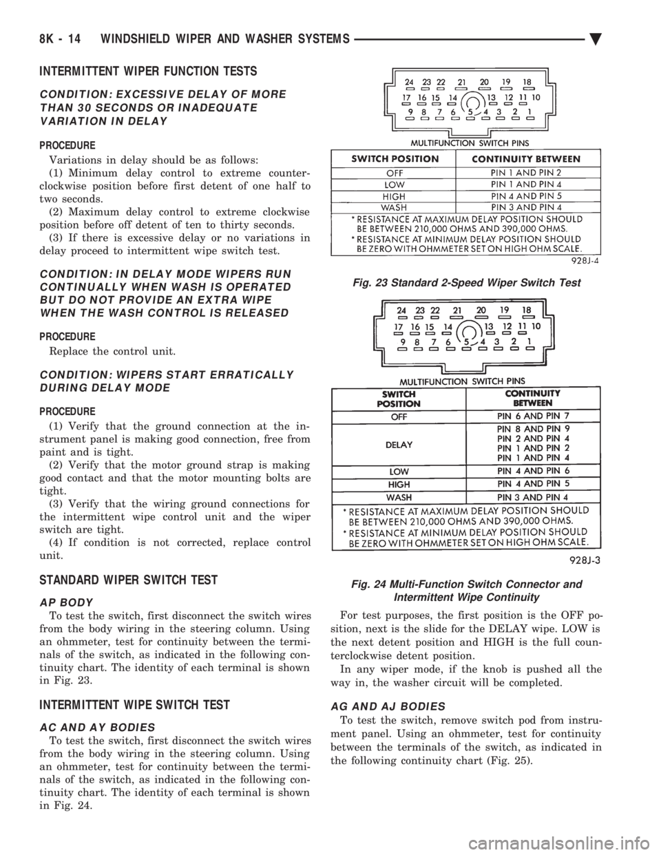 CHEVROLET DYNASTY 1993 Service Manual INTERMITTENT WIPER FUNCTION TESTS
CONDITION: EXCESSIVE DELAY OF MORE THAN 30 SECONDS OR INADEQUATEVARIATION IN DELAY
PROCEDURE
Variations in delay should be as follows:
(1) Minimum delay control to CHEVROLET DYNASTY 1993 Service Manual INTERMITTENT WIPER FUNCTION TESTS
CONDITION: EXCESSIVE DELAY OF MORE THAN 30 SECONDS OR INADEQUATEVARIATION IN DELAY
PROCEDURE
Variations in delay should be as follows:
(1) Minimum delay control to