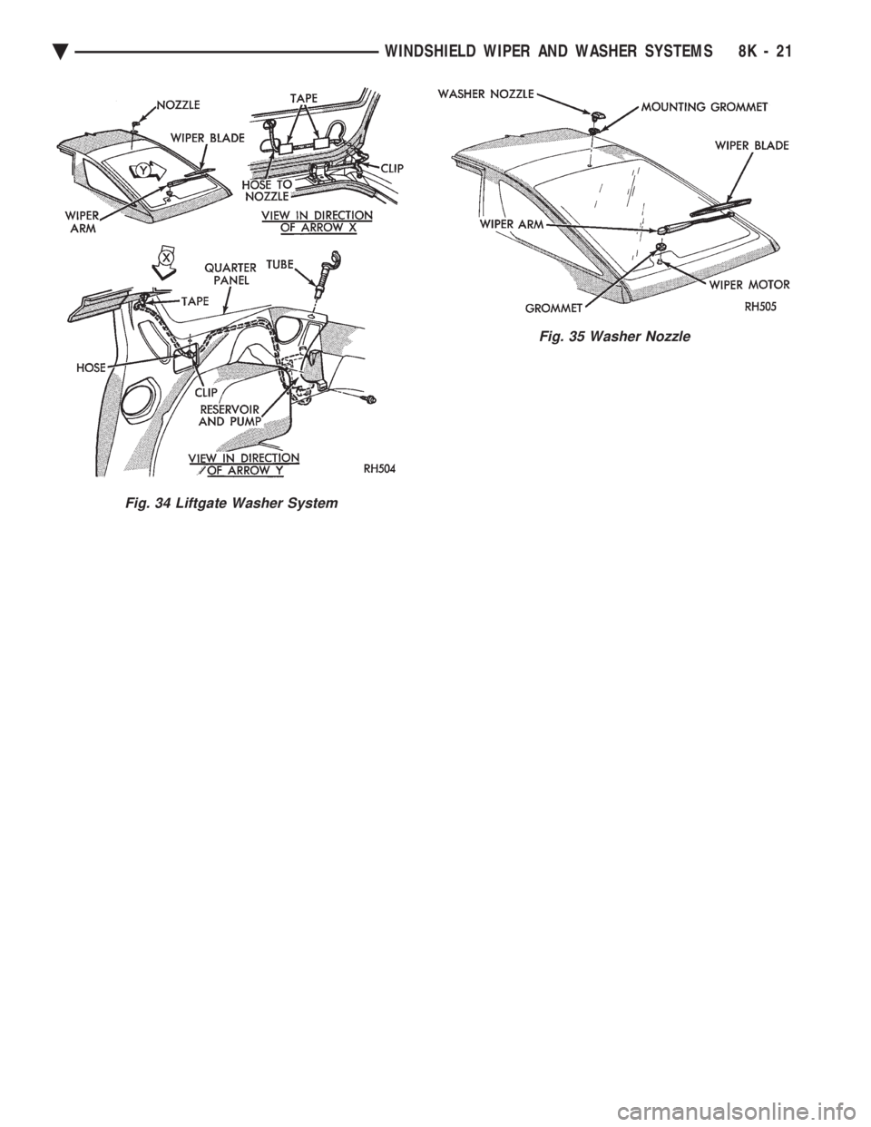 CHEVROLET DYNASTY 1993  Service Manual Fig. 34 Liftgate Washer System
Fig. 35 Washer Nozzle
Ä WINDSHIELD WIPER AND WASHER SYSTEMS 8K - 21 