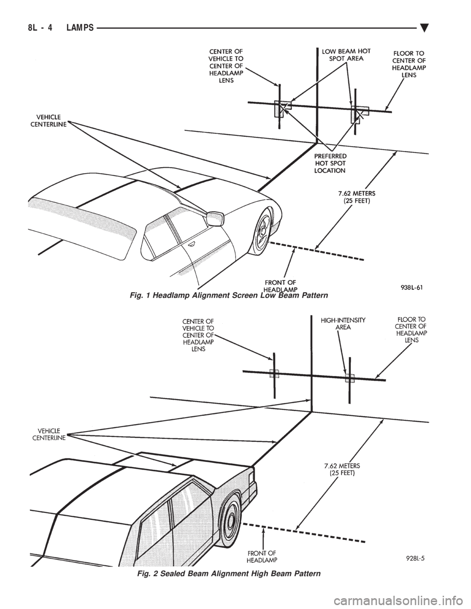 CHEVROLET DYNASTY 1993  Service Manual Fig. 1 Headlamp Alignment Screen Low Beam Pattern
Fig. 2 Sealed Beam Alignment High Beam Pattern
8L - 4 LAMPS Ä 