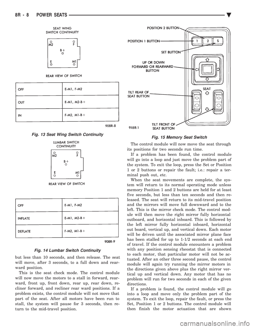 CHEVROLET DYNASTY 1993 Service Manual but less than 10 seconds, and then release. The seat
will move, after 3 seconds, to a full down and rear-
ward position. This is the seat check mode. The control module
will now move the motors to a CHEVROLET DYNASTY 1993 Service Manual but less than 10 seconds, and then release. The seat
will move, after 3 seconds, to a full down and rear-
ward position. This is the seat check mode. The control module
will now move the motors to a