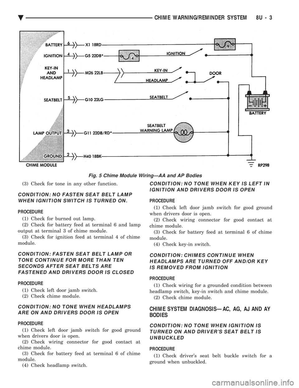 CHEVROLET DYNASTY 1993 Service Manual (3) Check for tone in any other function.
CONDITION: NO FASTEN SEAT BELT LAMP WHEN IGNITION SWITCH IS TURNED ON.
PROCEDURE
(1) Check for burned out lamp.
(2) Check for battery feed at terminal 6 and CHEVROLET DYNASTY 1993 Service Manual (3) Check for tone in any other function.
CONDITION: NO FASTEN SEAT BELT LAMP WHEN IGNITION SWITCH IS TURNED ON.
PROCEDURE
(1) Check for burned out lamp.
(2) Check for battery feed at terminal 6 and