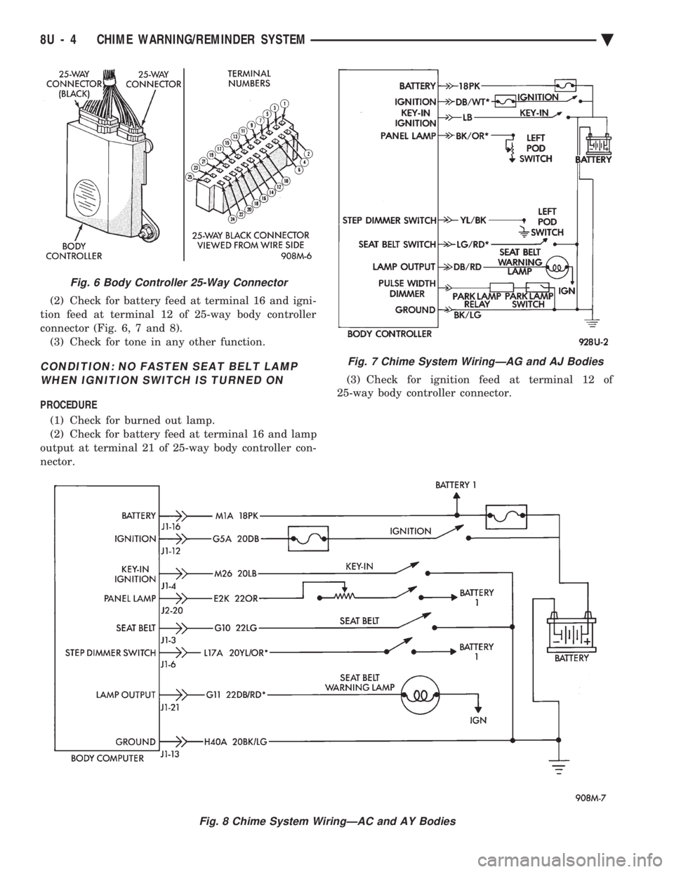 CHEVROLET DYNASTY 1993  Service Manual (2) Check for battery feed at terminal 16 and igni- 
tion feed at terminal 12 of 25-way body controller
connector (Fig. 6, 7 and 8). (3) Check for tone in any other function.
CONDITION: NO FASTEN SEAT