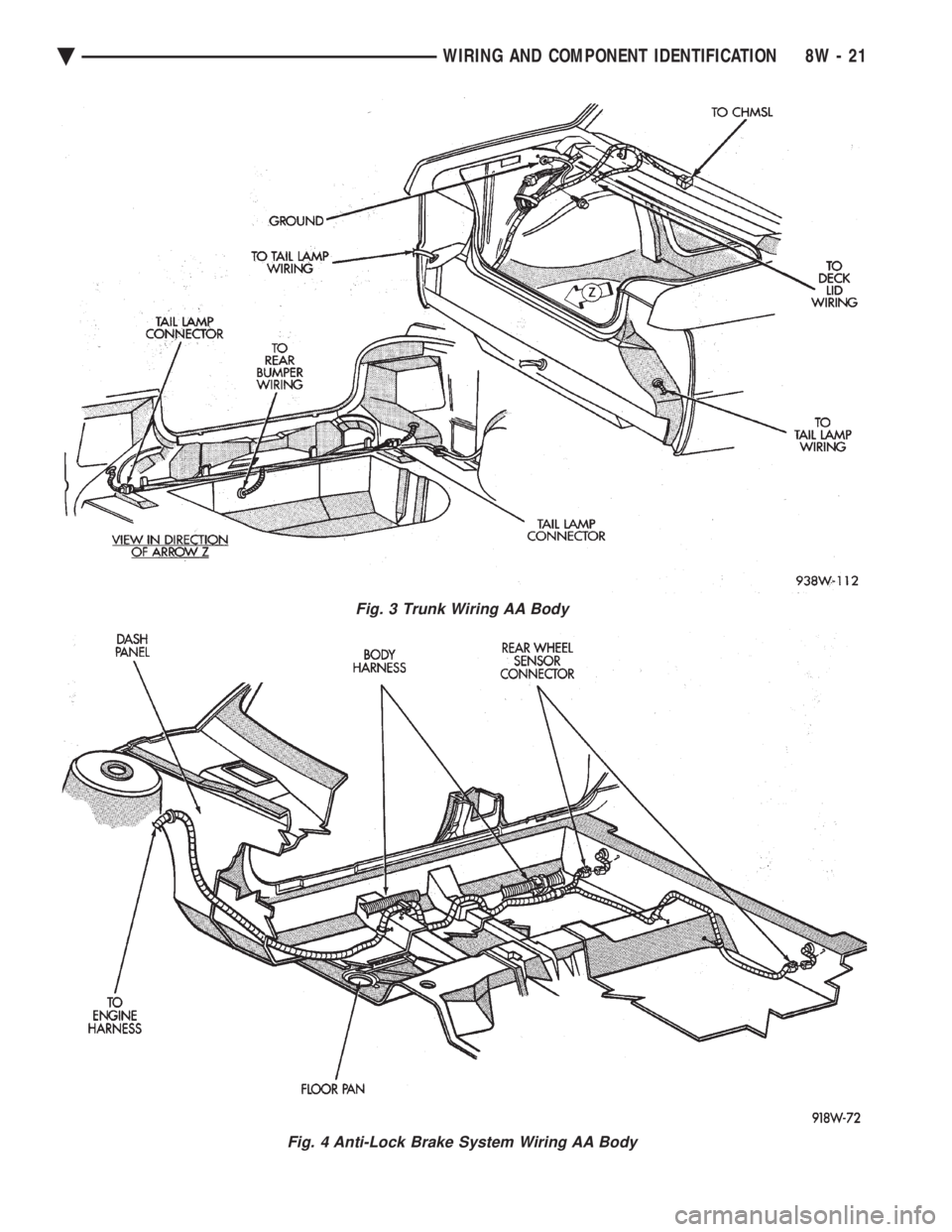 CHEVROLET DYNASTY 1993  Service Manual Fig. 3 Trunk Wiring AA Body
Fig. 4 Anti-Lock Brake System Wiring AA Body
Ä WIRING AND COMPONENT IDENTIFICATION 8W - 21 