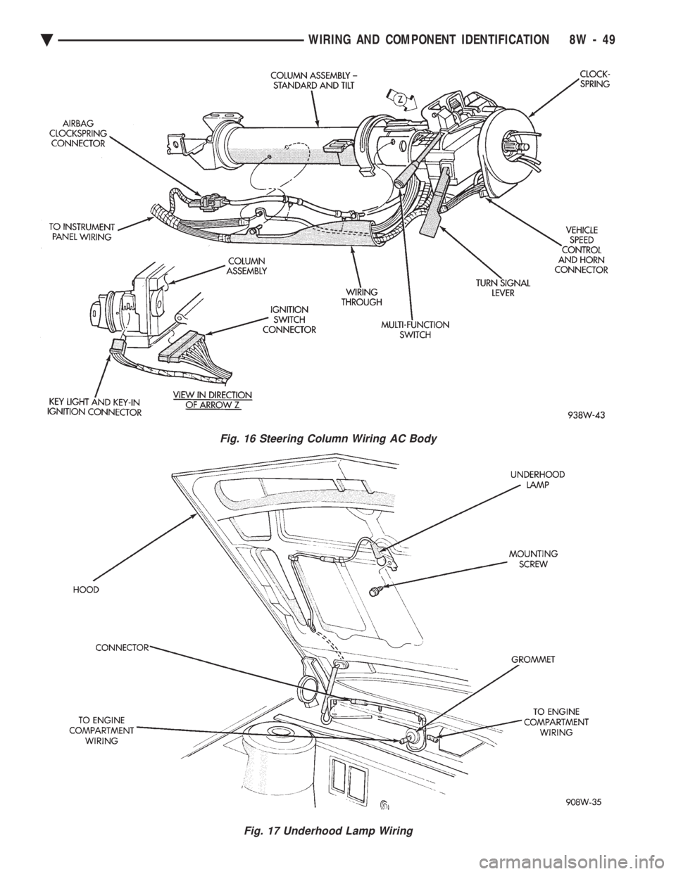 CHEVROLET DYNASTY 1993  Service Manual Fig. 16 Steering Column Wiring AC Body
Fig. 17 Underhood Lamp Wiring
Ä WIRING AND COMPONENT IDENTIFICATION 8W - 49 