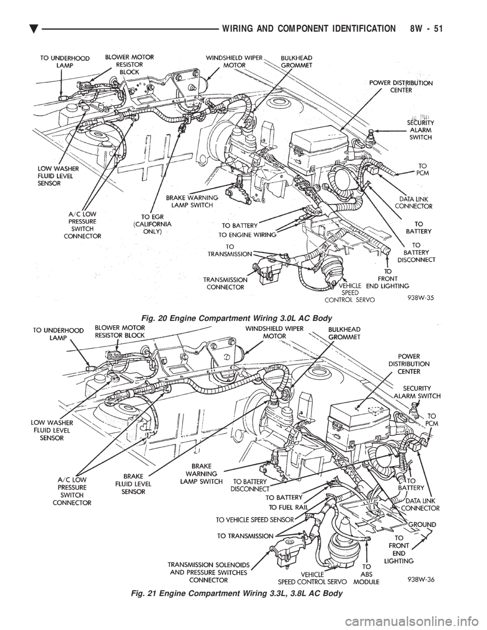 CHEVROLET DYNASTY 1993  Service Manual Fig. 20 Engine Compartment Wiring 3.0L AC Body
Fig. 21 Engine Compartment Wiring 3.3L, 3.8L AC Body
Ä WIRING AND COMPONENT IDENTIFICATION 8W - 51 