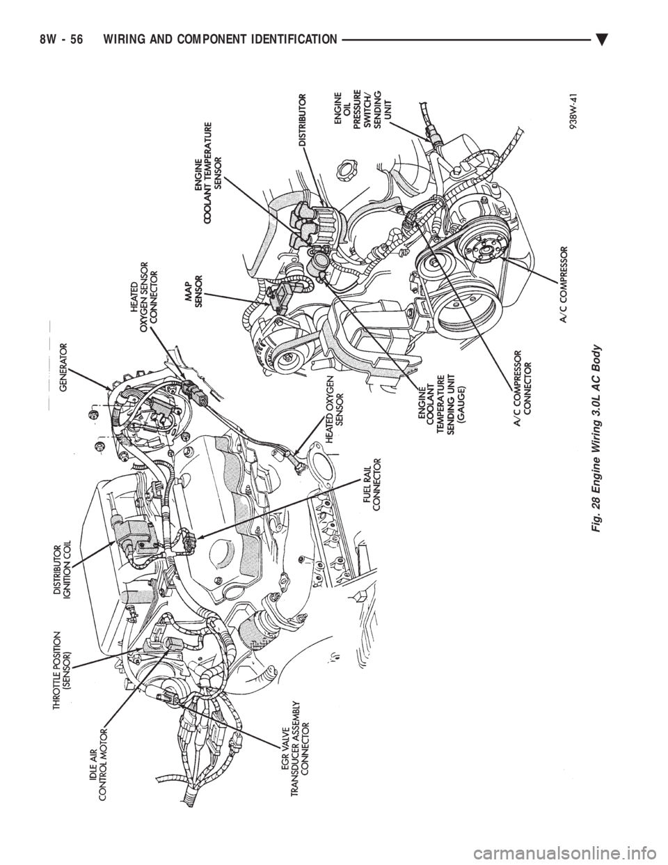 CHEVROLET DYNASTY 1993  Service Manual Fig. 28 Engine Wiring 3.0L AC Body
8W - 56 WIRING AND COMPONENT IDENTIFICATION Ä 