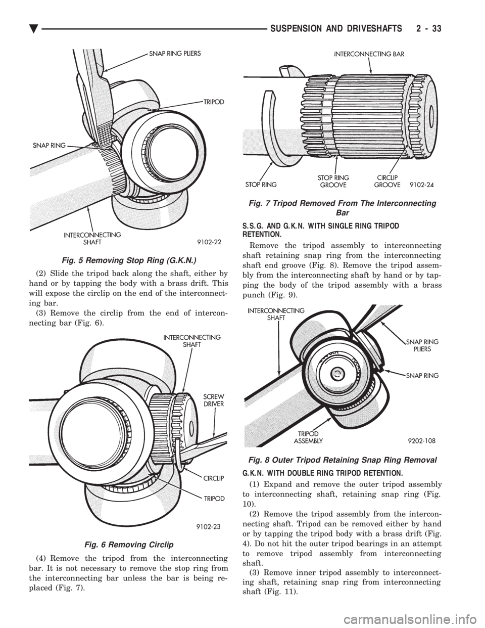 CHEVROLET DYNASTY 1993  Service Manual (2) Slide the tripod back along the shaft, either by 
hand or by tapping the body with a brass drift. This
will expose the circlip on the end of the interconnect-
ing bar. (3) Remove the circlip from 