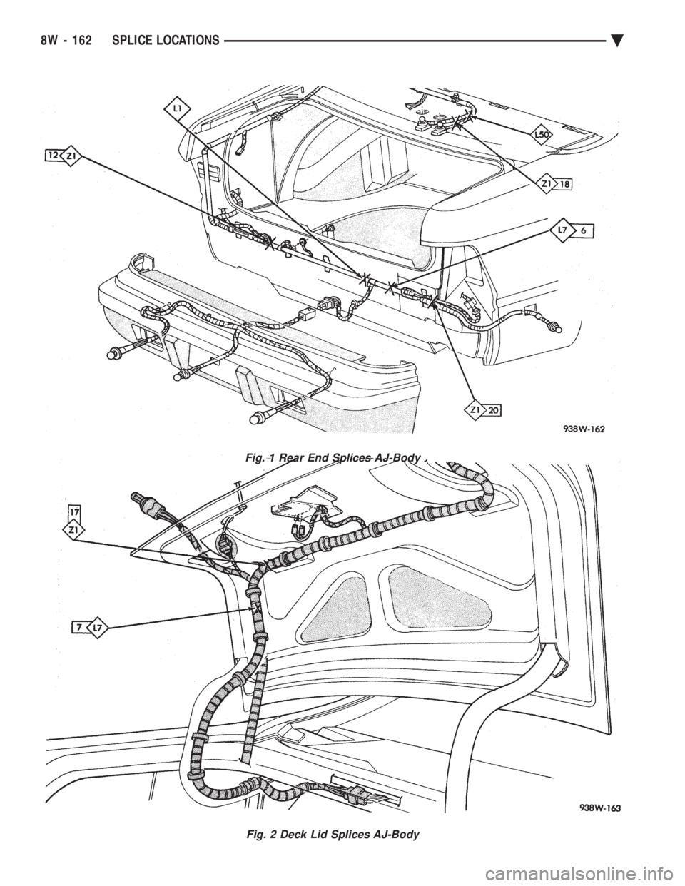 CHEVROLET DYNASTY 1993  Service Manual Fig. 1 Rear End Splices AJ-Body
Fig. 2 Deck Lid Splices AJ-Body
8W - 162 SPLICE LOCATIONS Ä 