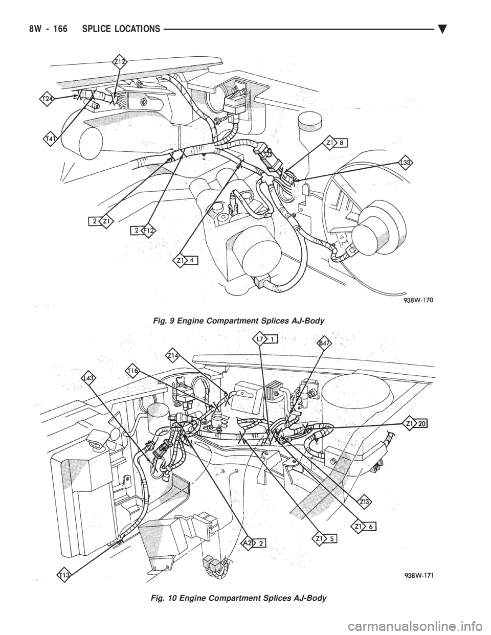 CHEVROLET DYNASTY 1993  Service Manual Fig. 9 Engine Compartment Splices AJ-Body
Fig. 10 Engine Compartment Splices AJ-Body
8W - 166 SPLICE LOCATIONS Ä 