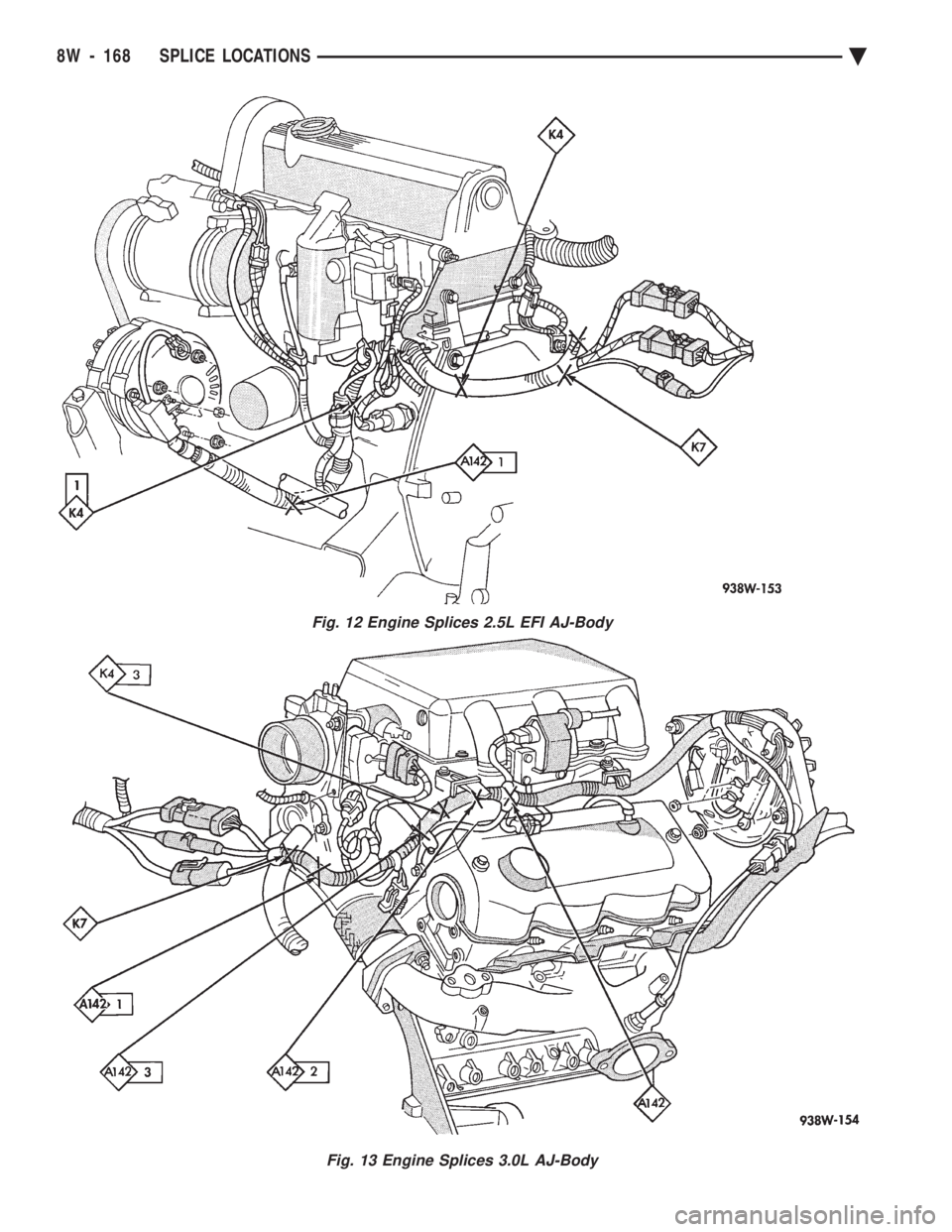 CHEVROLET DYNASTY 1993  Service Manual Fig. 12 Engine Splices 2.5L EFI AJ-Body
Fig. 13 Engine Splices 3.0L AJ-Body
8W - 168 SPLICE LOCATIONS Ä 