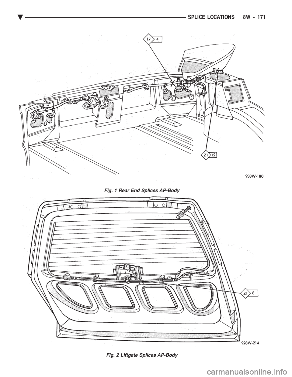 CHEVROLET DYNASTY 1993  Service Manual Fig. 1 Rear End Splices AP-Body
Fig. 2 Liftgate Splices AP-Body
Ä SPLICE LOCATIONS 8W - 171 