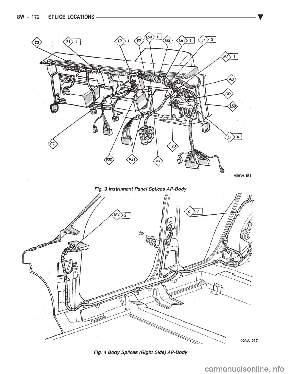 CHEVROLET DYNASTY 1993  Service Manual Fig. 3 Instrument Panel Splices AP-Body
Fig. 4 Body Splices (Right Side) AP-Body
8W - 172 SPLICE LOCATIONS Ä 