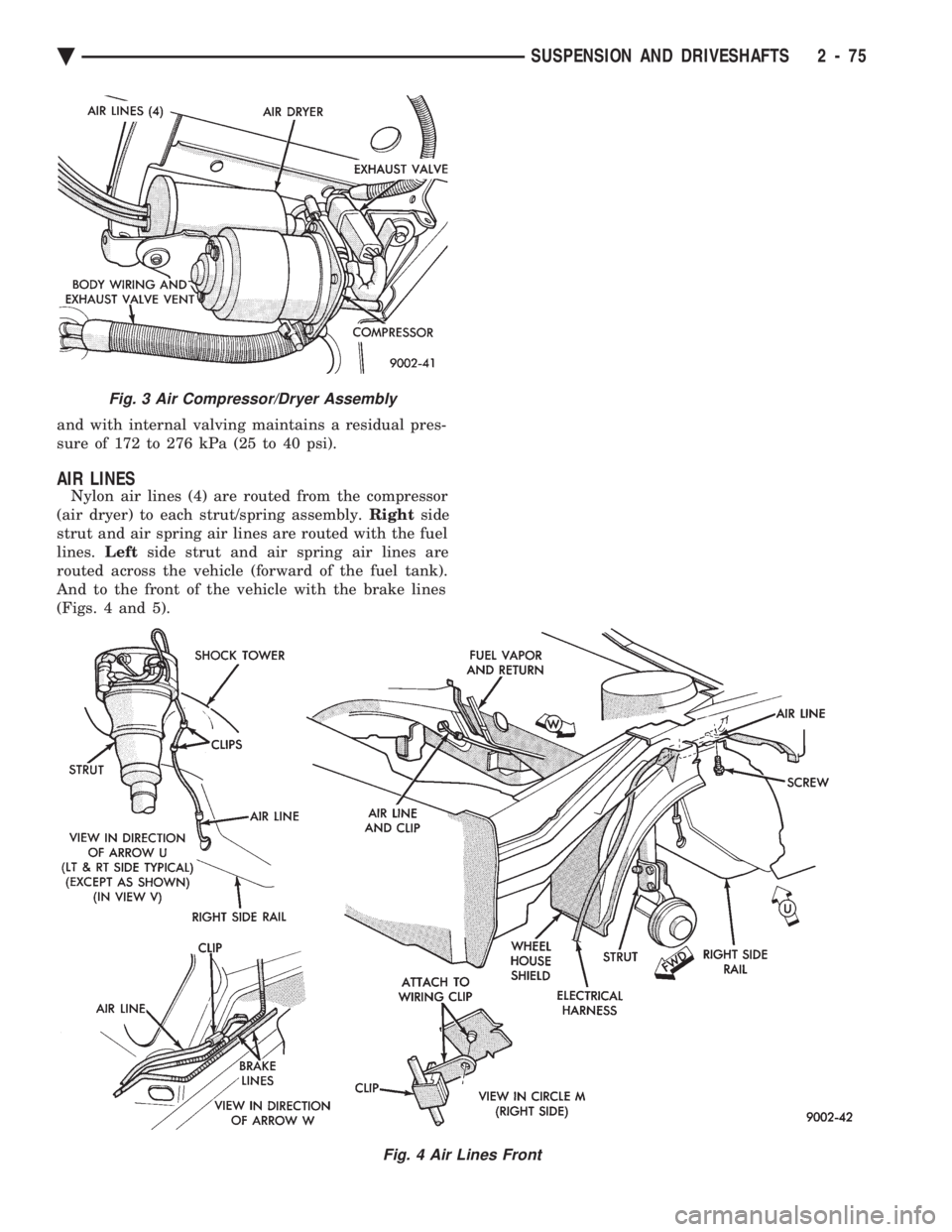 CHEVROLET PLYMOUTH ACCLAIM 1993  Service Manual and with internal valving maintains a residual pres- 
sure of 172 to 276 kPa (25 to 40 psi).
AIR LINES
Nylon air lines (4) are routed from the compressor
(air dryer) to each strut/spring assembly.  Ri