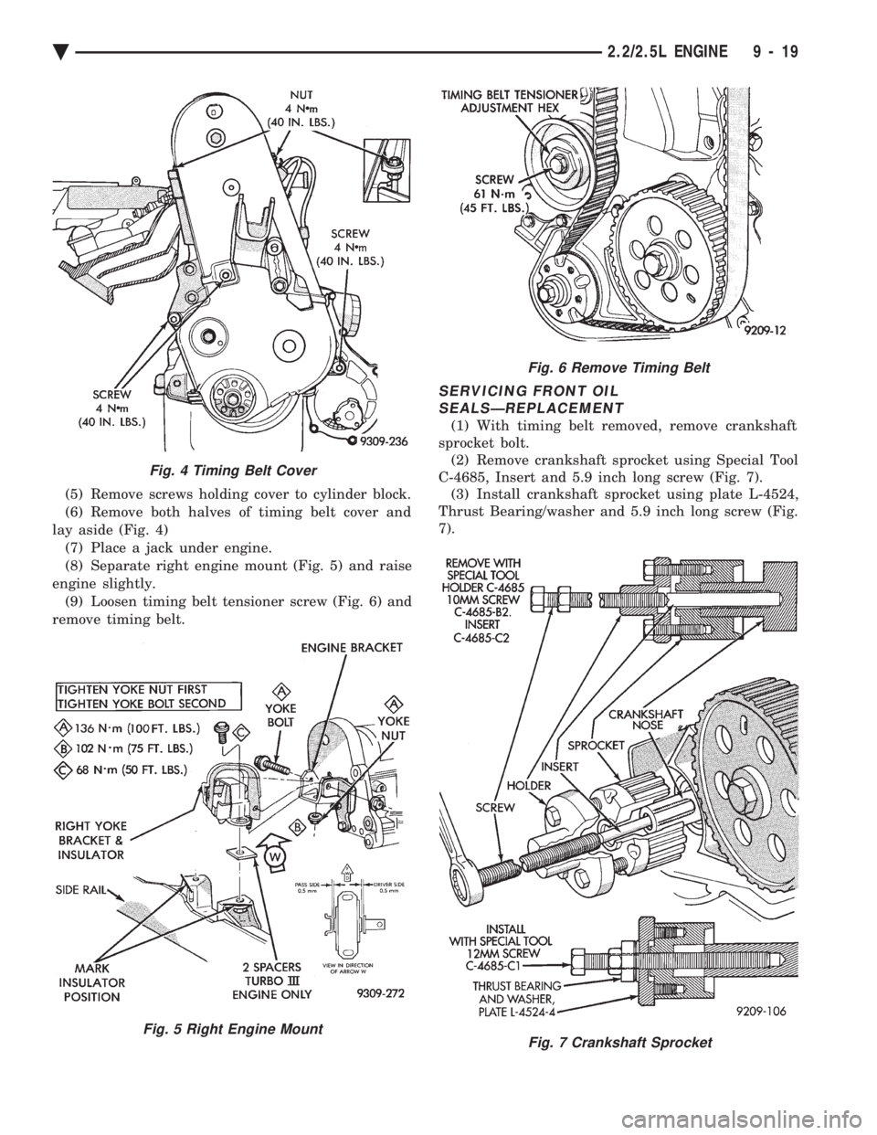 CHEVROLET PLYMOUTH ACCLAIM 1993  Service Manual (5) Remove screws holding cover to cylinder block. 
(6) Remove both halves of timing belt cover and
lay aside (Fig. 4) (7) Place a jack under engine.
(8) Separate right engine mount (Fig. 5) and raise